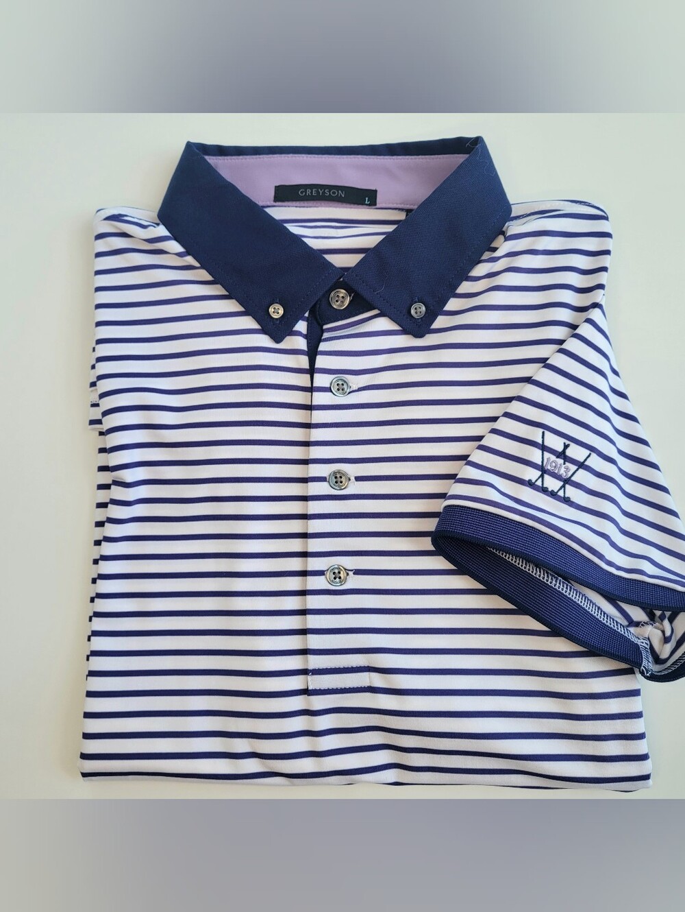 Greyson Golf Polo Shirt Mens Large Blue White Striped Lightweight w/LOGO